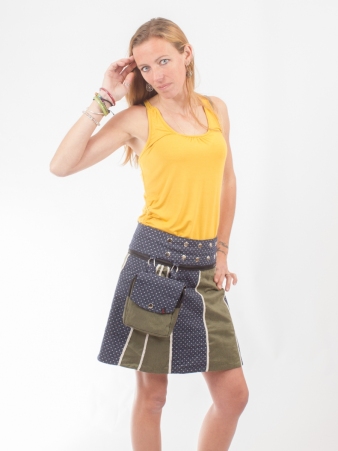 Jupe r�versible Stripes mix Olivine mi-longue cr�ation textile au style v�g�tal soign�