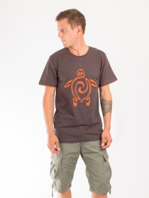 Tee shirt Tortue Fond Brun design Orange t-shirt illustration nature stylis&eacute;e
