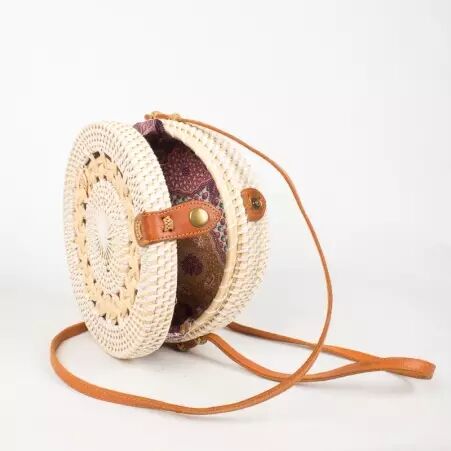 Sac en rotin motif tress� deux motifs ronds naturel style boh�me sac rond estival