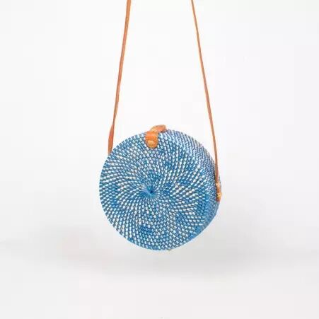 Sac en rotin tress� rond bicolore z�br� bleu style boh�me accessoire original