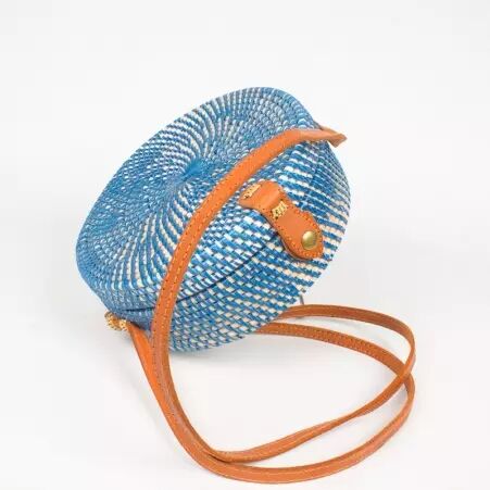 Sac en rotin tress� rond bicolore z�br� bleu style boh�me accessoire original