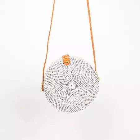 Sac en rotin tress� rond bicolore z�br� noir et blanc accessoire boh�me
