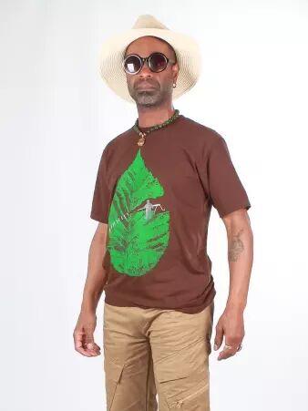 T-shirt stitching leaf brun t-shirt textile brod� esprit organique