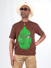 T-shirt stitching leaf brun t-shirt textile brod&eacute; esprit organique