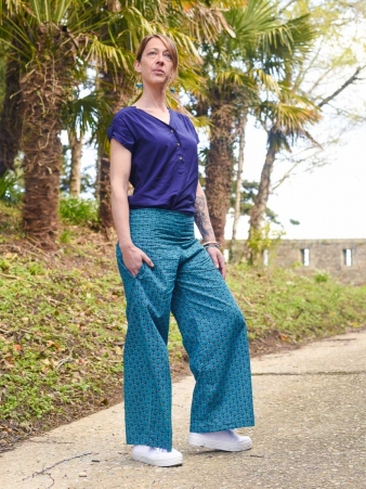 Pantalon Garden Seigaiha bleu v�tement f�minin graphique � l'allure zen