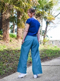 Pantalon Garden Seigaiha bleu pi&egrave;ce mode fluide et &eacute;l&eacute;gante