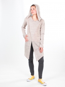 Gilet long &agrave; capuche Pixie Cr&egrave;me maille fluide &agrave; l'esth&eacute;tique naturelle