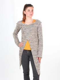 Gilet long &agrave; capuche Pixie Beige maille fluide au style casual chic