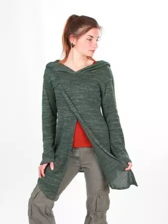 Gilet long � capuche Pixie vert maille douce au toucher confortable et � l'allure actuelle