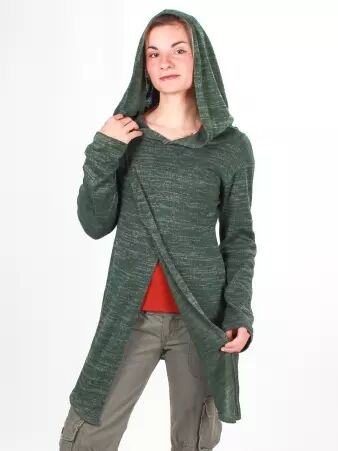 Gilet long � capuche Pixie vert maille douce au toucher confortable et � l'allure actuelle