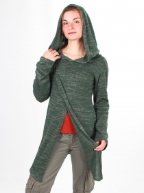 Gilet long &agrave; capuche Pixie vert v&ecirc;tement f&eacute;minin &agrave; l'esprit nature