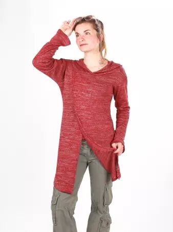 Gilet long � capuche Pixie lie de vin maille �l�gante � la teinte intense
