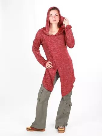 Gilet long � capuche Pixie lie de vin maille �l�gante � la teinte intense