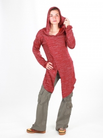 Gilet long &agrave; capuche Pixie lie de vin cardigan long au style chic