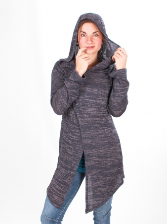 Gilet long � capuche Pixie bleu maille chaude au style contemporain