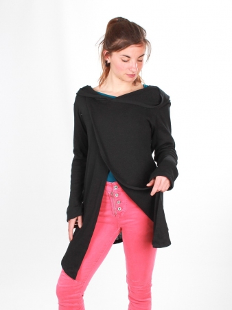 Gilet long � capuche Pixie noir gilet long noir � la maille enveloppante