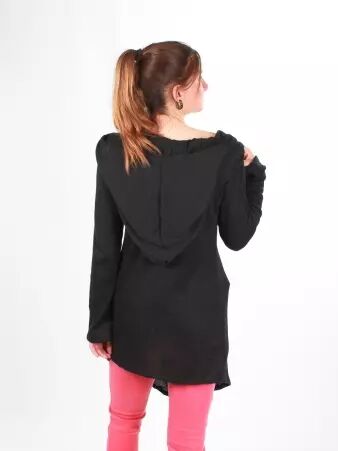 Gilet long � capuche Pixie noir gilet long noir � la maille enveloppante