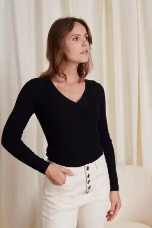 Pull uni manches longues marine col V maille vintage boh�me