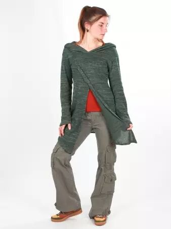 Gilet long � capuche Pixie vert maille douce au toucher confortable et � l'allure actuelle