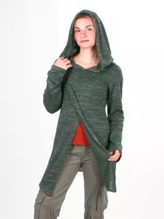 Gilet long � capuche Pixie vert maille douce au toucher confortable et � l'allure actuelle