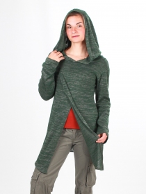 Gilet long &agrave; capuche Pixie vert v&ecirc;tement chaud &agrave; la coupe fluide et au style contemporain