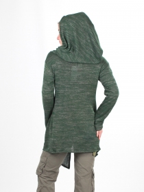 Gilet long &agrave; capuche Pixie vert pi&egrave;ce en tricot &agrave; l'esth&eacute;tique soign&eacute;e et facile &agrave; porter