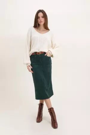 Jupe fendue velours midi vert canard en velours, longueur midi, fente �l�gante jupe mode � l'allure chic, pens�e pour le quotidien � l'allure �l�gante