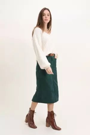 Jupe fendue velours midi vert canard en velours, longueur midi, fente �l�gante jupe mode � l'allure chic, pens�e pour le quotidien � l'allure �l�gante