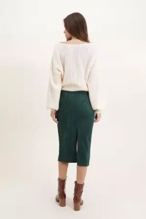 Jupe fendue velours midi vert canard en velours, longueur midi, fente �l�gante jupe mode � l'allure chic, pens�e pour le quotidien � l'allure �l�gante