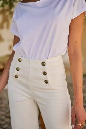 Pantalon � pont Victorine Blanc pantalon � pont blanc � la ligne lumineuse