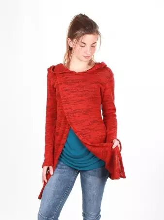 Gilet long � capuche Pixie Terracotta maille chaude � la teinte terre cuite