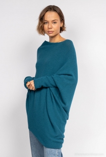 Sweat asymetrique touch&eacute; cachemire bleu canard v&ecirc;tement en maille conjuguant confort et raffinement