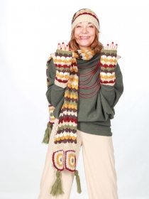 Set bonnet echarpe mitaines crochet brun