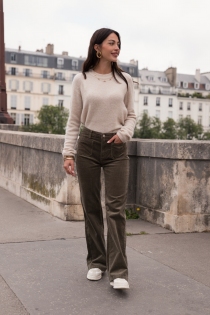 Pantalon wide leg velours kaki pantalon large velours kaki &agrave; l'inspiration naturelle