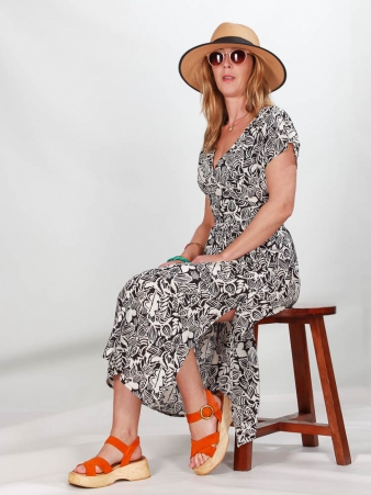 Robe Camille Black canopy robe noire � imprim� v�g�tal