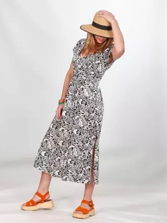 Robe Camille Black canopy robe noire � imprim� v�g�tal