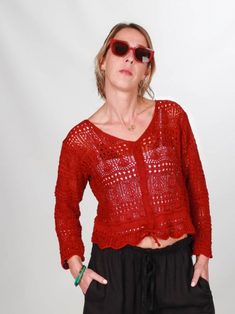 Top crochet bordeaux top textur� crochet couleur bordeaux