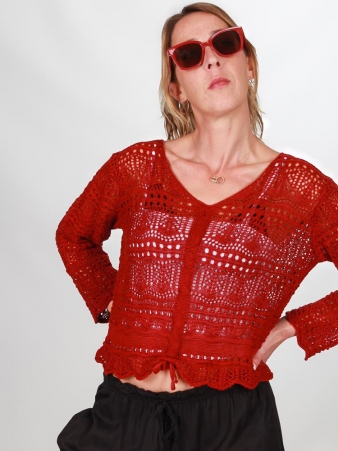 Top crochet bordeaux top textur� crochet couleur bordeaux