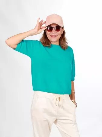 Pull alpaga manches courtes turquoise v�tement maille color�