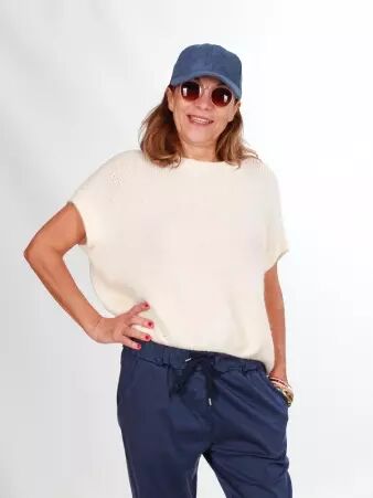 Pull alpaga col rond manches courtes �cru v�tement doux et naturel