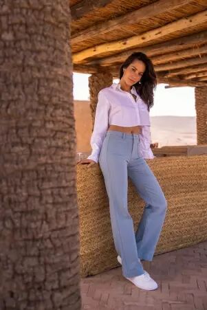 Pantalon wide leg bleu gris pantalon large bleu gris � l'esth�tique douce