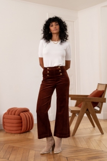 Pantalon &agrave; pont Victorine Velours camel v&ecirc;tement f&eacute;minin doux et confortable