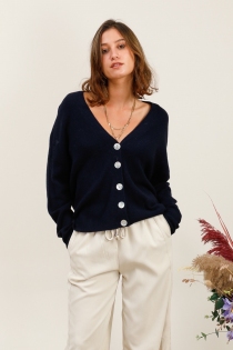 Gilet boutons nacr&eacute;s noir cardigan &eacute;l&eacute;gant &agrave; boutons nacr&eacute;s au style intemporel