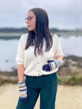 Gant su�dine + mitaines ray� bleu accessoire mode alliant confort thermique et esth�tique soign�e