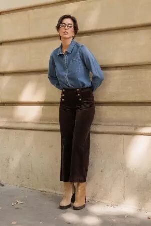 Pantalon � pont Victorine Velours chocolat pantalon � pont velours chocolat profond