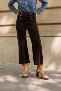 Pantalon &agrave; pont Victorine Velours chocolat pi&egrave;ce mode textur&eacute;e &agrave; l'allure chic