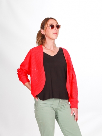 Cardigan maille ajour�e Rouge