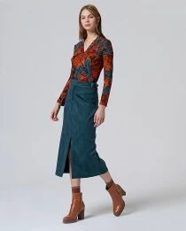 Jupe midi droite en velours Vert bouteille