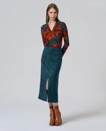 Jupe midi droite en velours Vert bouteille