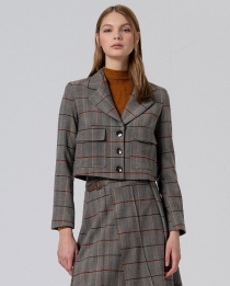 Blazer court &agrave; carreaux avec doublure imprim&eacute;e camel